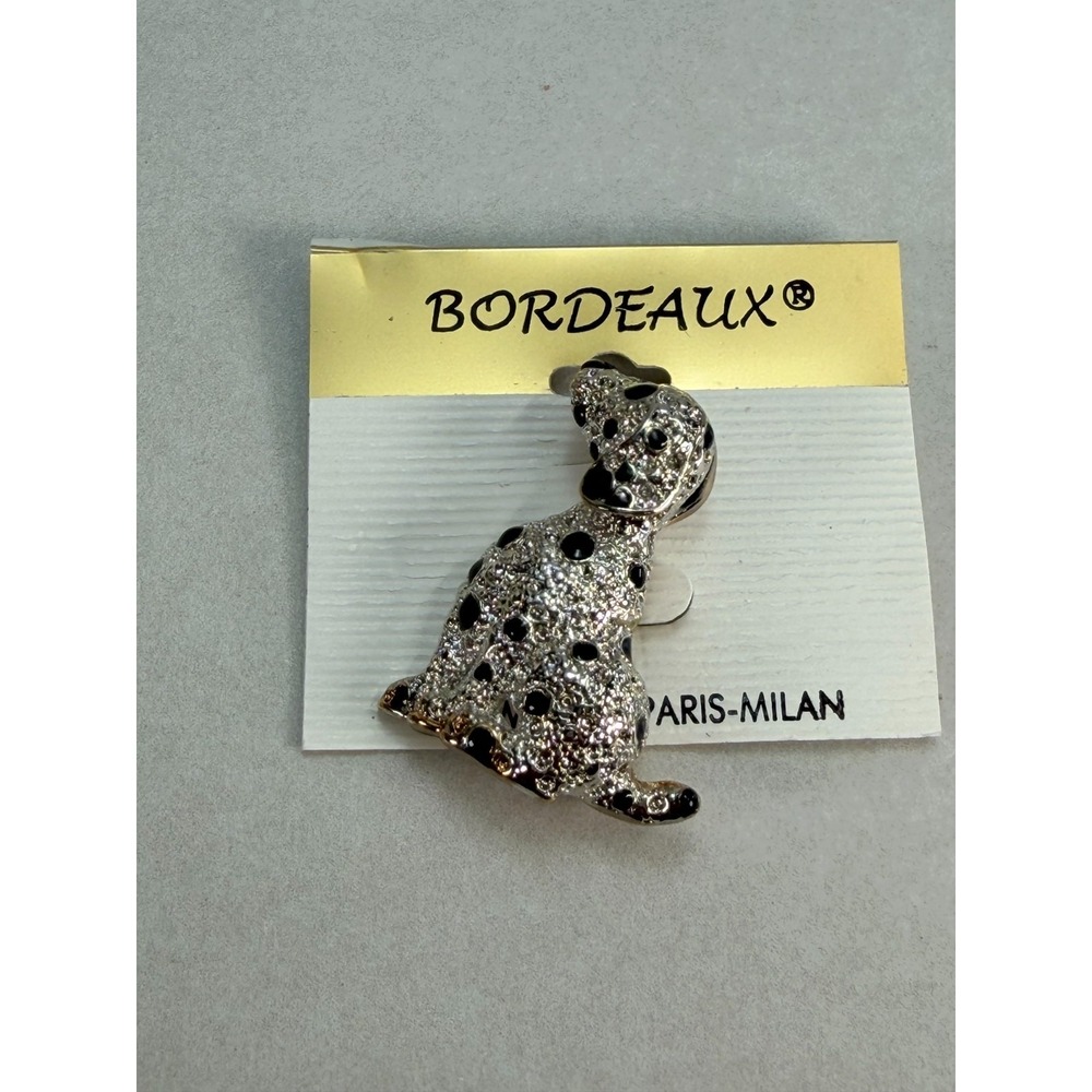 Vintage BORDEAUX Dalmatian Dog Brooch Pin Rhinestone Black Enamel Figural